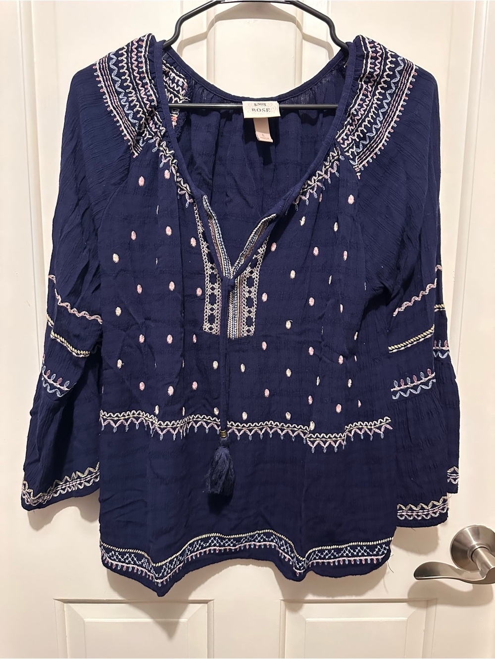 Knox Rose Navy Embroidered Tassel Peasant Tunic Top